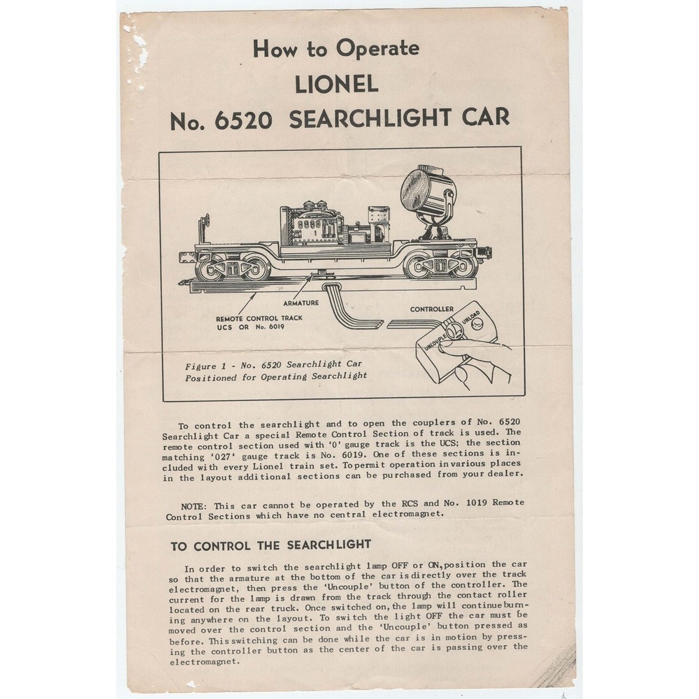 Vintage Lionel No 6520 Searchlight Car Instruction Sheet O Gauge Train Manual - Picture 1 of 2